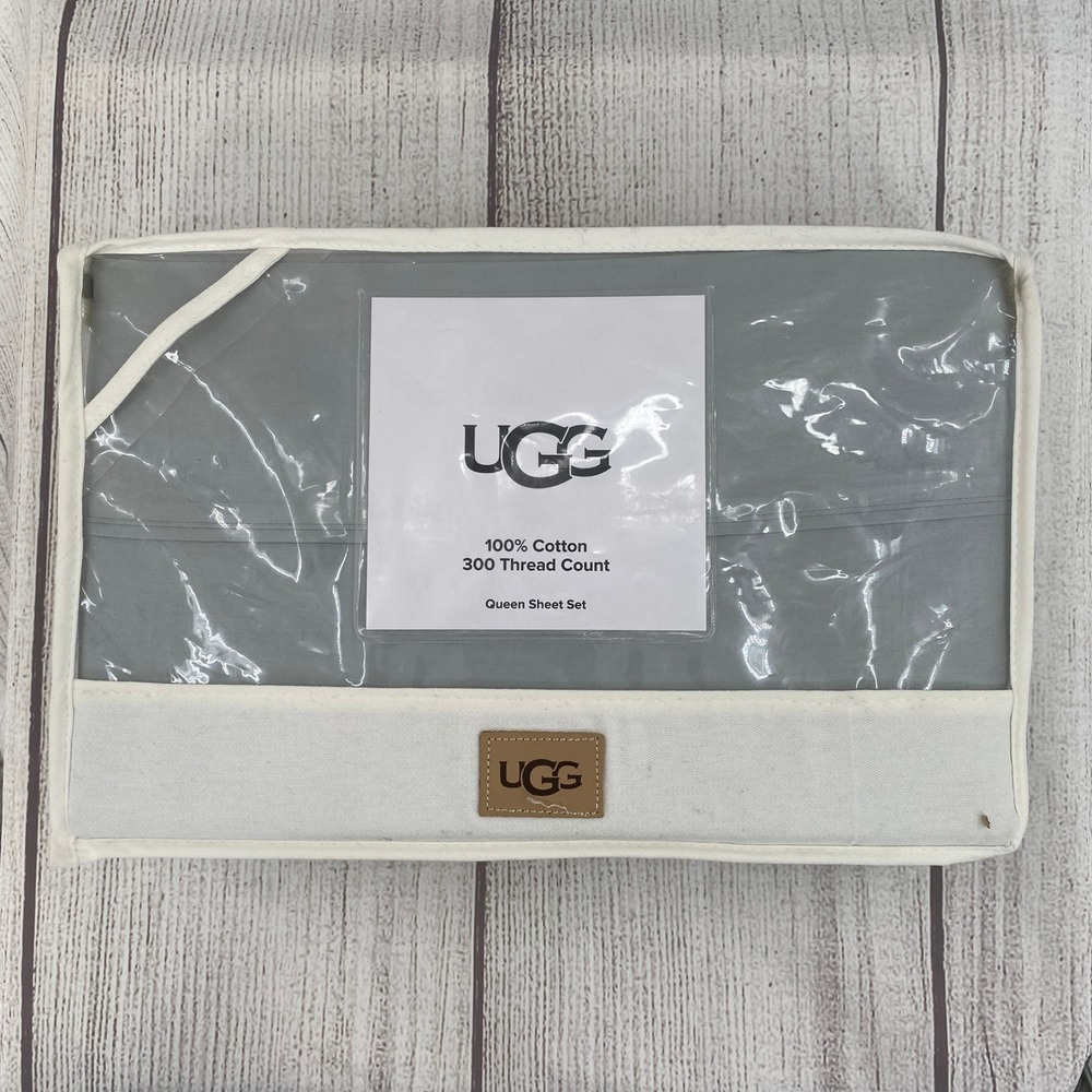 UGG Iona Sheet Set Queen Ocean Mist Grey 100% Cotton 300 Thread Count Minimalist
